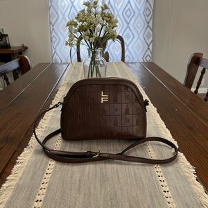 London Fog Brown Crossbody Purse Elsa Dome LF Logo Faux Leather Gold Buckle NEW